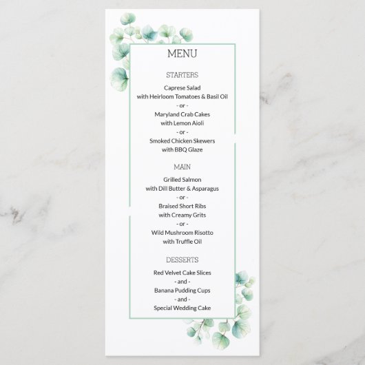 Minimalistisch groen thema Eucalyptus bruiloft Menu (Voorkant)