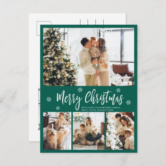 Minimalistisch groen wit 4 Fotocollage kerst Briefkaart (Voorkant / Achterkant)