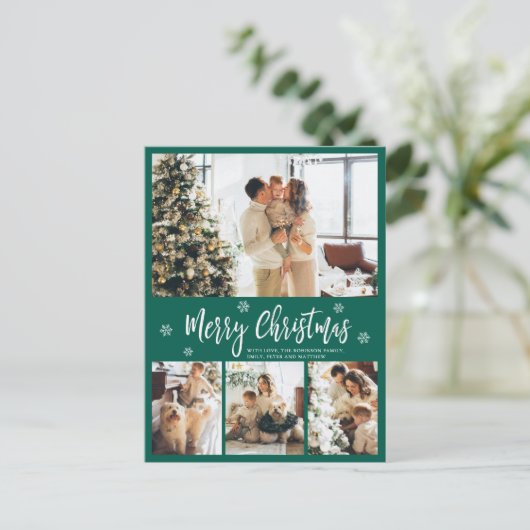 Minimalistisch groen wit 4 Fotocollage kerst Briefkaart (Staand voorkant)