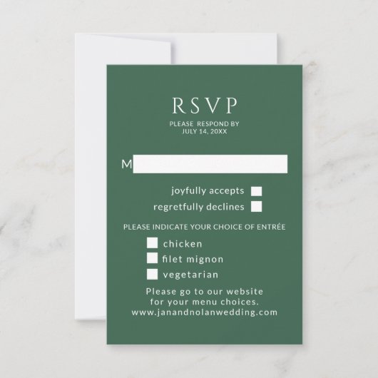 Minimalistisch. Groene bruiloft RSVP Met Maaltijd  (Voorkant)