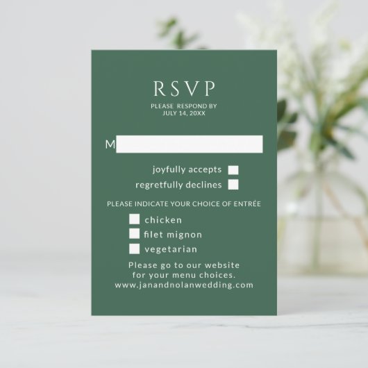 Minimalistisch. Groene bruiloft RSVP Met Maaltijd  (Staand voorkant)