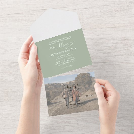 Minimalistisch groene bruinbruinbruiloft all in one uitnodiging (Afscheurbaar)