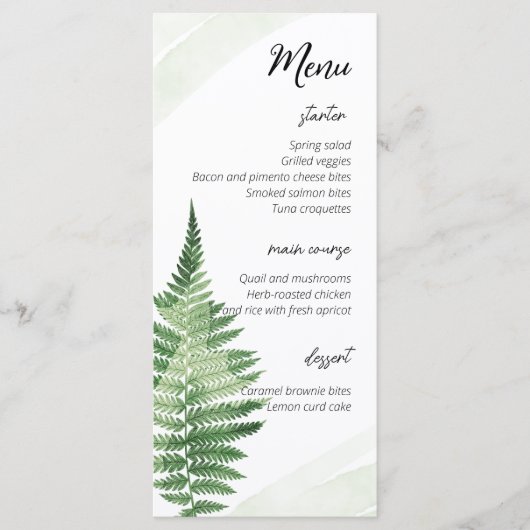 Minimalistisch Groene Varen Bruiloft Menu (Voorkant)