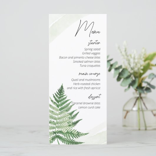 Minimalistisch Groene Varen Bruiloft Menu (Staand voorkant)