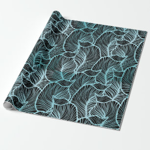 Minimalistisch groot blauw blad boven zwart botani cadeaupapier