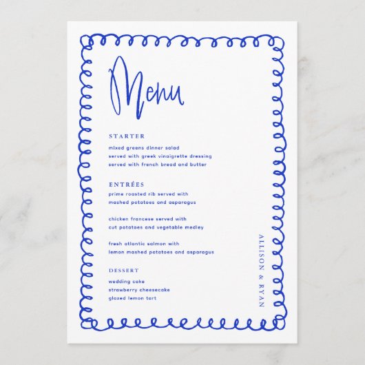 Minimalistisch handgeschreven blauw Frans bruiloft Menu (Voorkant)