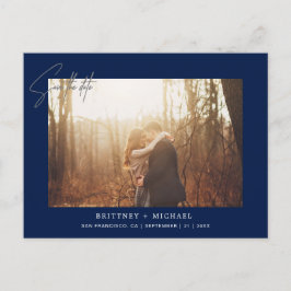 Minimalistisch handgeschreven fotomarineblauw aankondigingskaart
