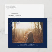 Minimalistisch handgeschreven fotomarineblauw aankondigingskaart (Voorkant / Achterkant)