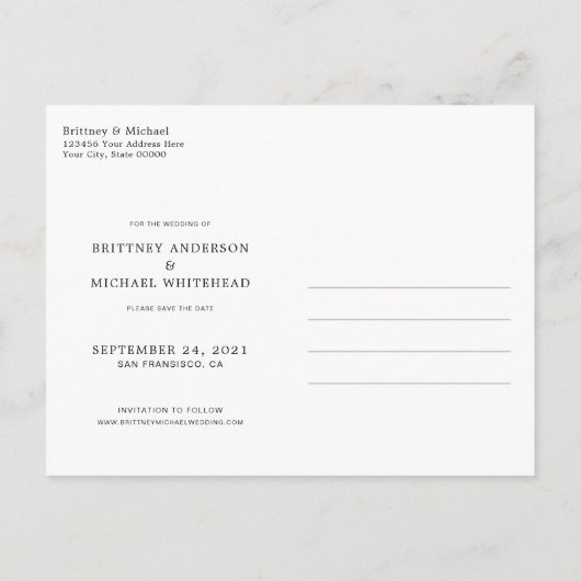 Minimalistisch handgeschreven fotomarineblauw aankondigingskaart (Achterkant)