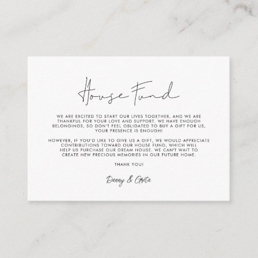 Minimalistisch handgeschreven Huisfonds Informatiekaartje (Voorkant)