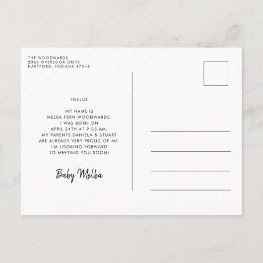 Minimalistisch handgeschreven Introductie van nieu Briefkaart (Achterkant)