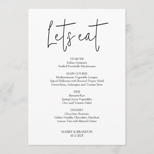 Minimalistisch handgeschreven Let's eat Wedding Me Menu (Voorkant)