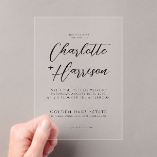 Minimalistisch handgeschreven script bruiloft tran acryl uitnodigingen