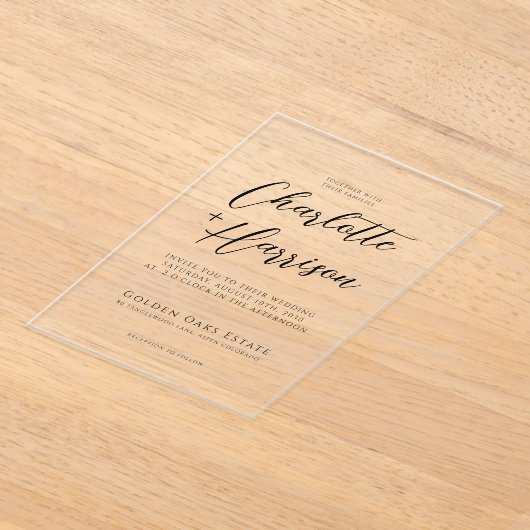 Minimalistisch handgeschreven script bruiloft tran acryl uitnodigingen (Laagn)