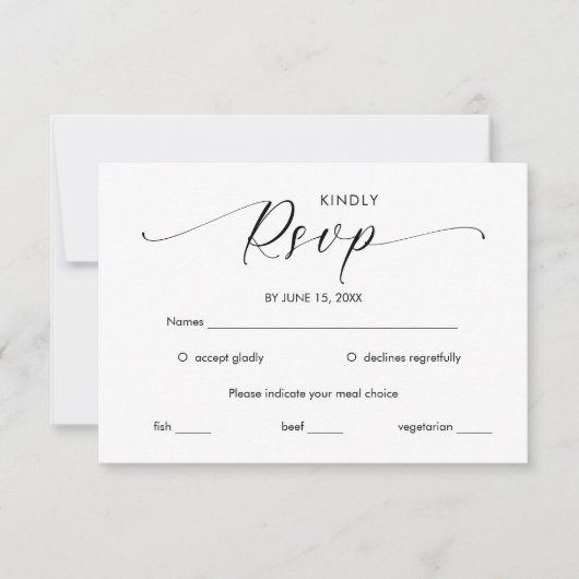 Minimalistisch handgeschreven script zwart-wit RSVP kaartje (Voorkant)