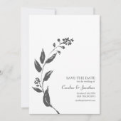 Minimalistisch handgetekend botanisch zwart wit sc save the date (Voorkant)