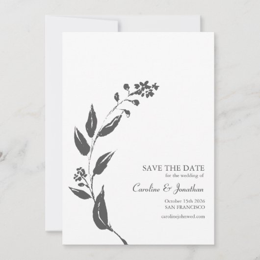 Minimalistisch handgetekend botanisch zwart wit sc save the date (Voorkant)