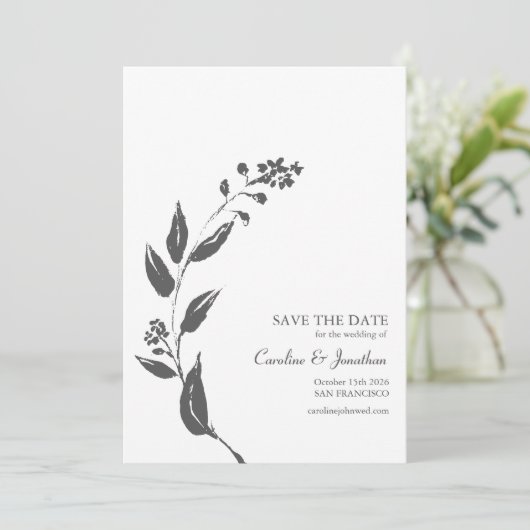 Minimalistisch handgetekend botanisch zwart wit sc save the date (Staand voorkant)