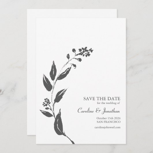 Minimalistisch handgetekend botanisch zwart wit sc save the date (Voorkant / Achterkant)