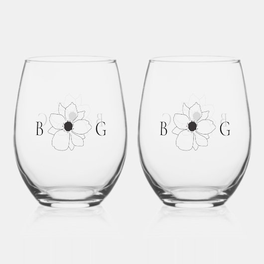 Minimalistisch handgetekend wildbloemenmonogram vo wijnglas zonder voet (Achterkant)
