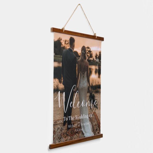 Minimalistisch handschrift bruiloft foto welkom te hangend wandkleed (Gebogen)