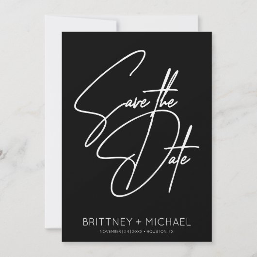 Minimalistisch handschrift met briefterend zwart save the date (Voorkant)