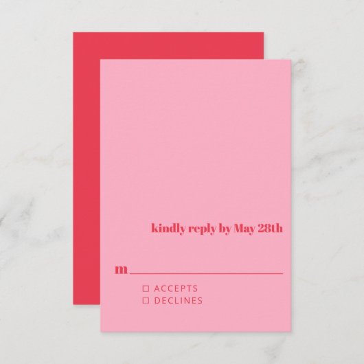 Minimalistisch helder rood roze moderne eenvoudige RSVP kaartje (Voorkant / Achterkant)