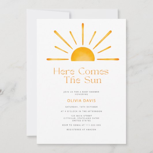 Minimalistisch hier komt het Sun Retro Baby shower Kaart (Voorkant)