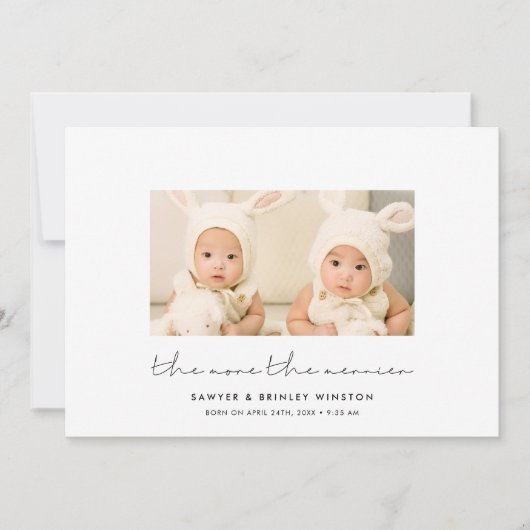 Minimalistisch Hoe meer de merrier twins foto Aankondiging (Voorkant)