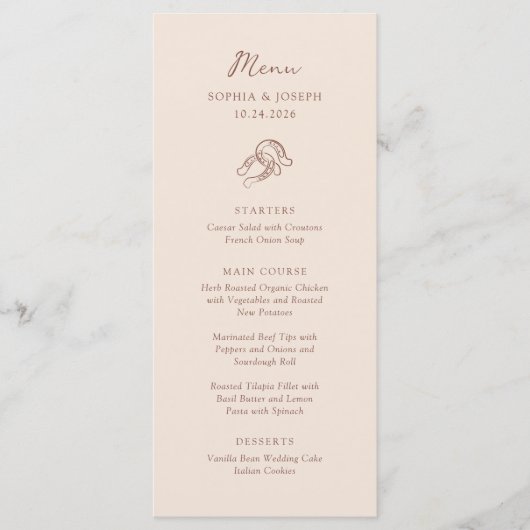 minimalistisch Hoefijzer | Neutraal bruine bruilof Menu (Voorkant)