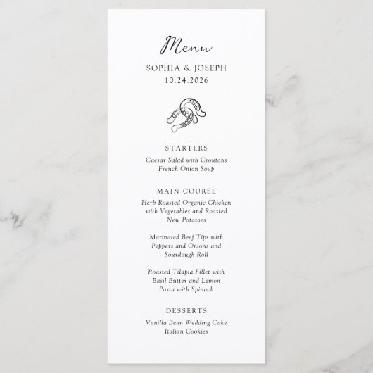 Minimalistisch Hoefijzer | Zwart-wit bruiloft Menu (Voorkant)