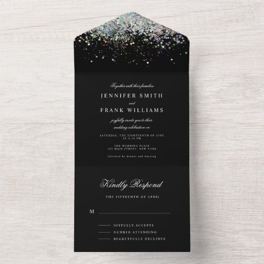 Minimalistisch holografisch glitter zwart, eenvoud all in one uitnodiging (Binnen)