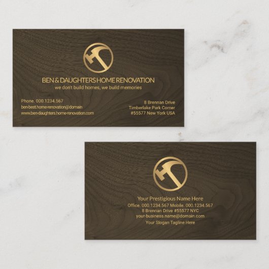 Minimalistisch houten korrelpaneel Gold Hammer Car Visitekaartje (Voorkant / Achterkant)