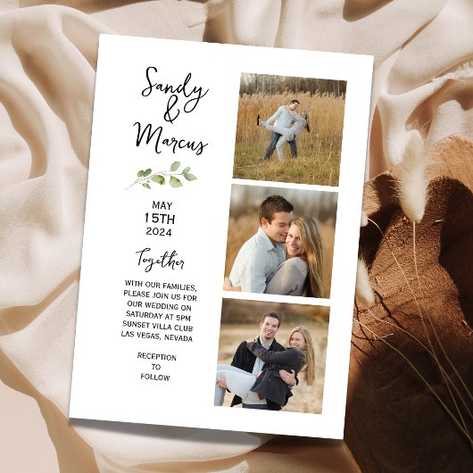 Minimalistisch huwelijk Drie Fotoaankondiging Kaart