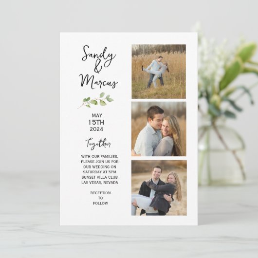 Minimalistisch huwelijk Drie Fotoaankondiging Kaart (Staand voorkant)
