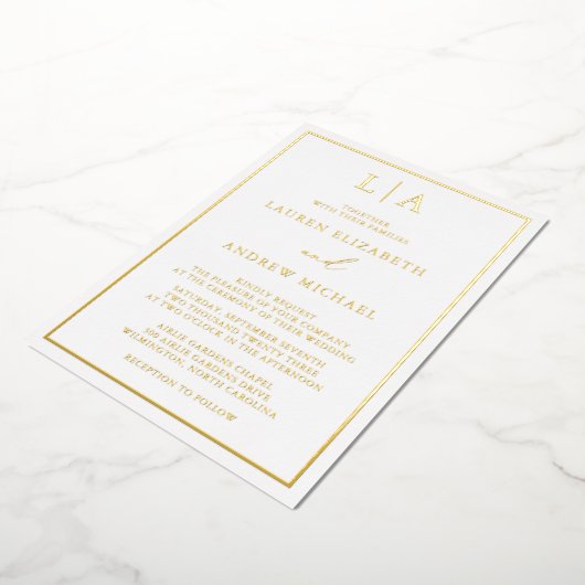 Minimalistisch huwelijk gouden oliemonogramgrens folie uitnodiging (Gedraaid)