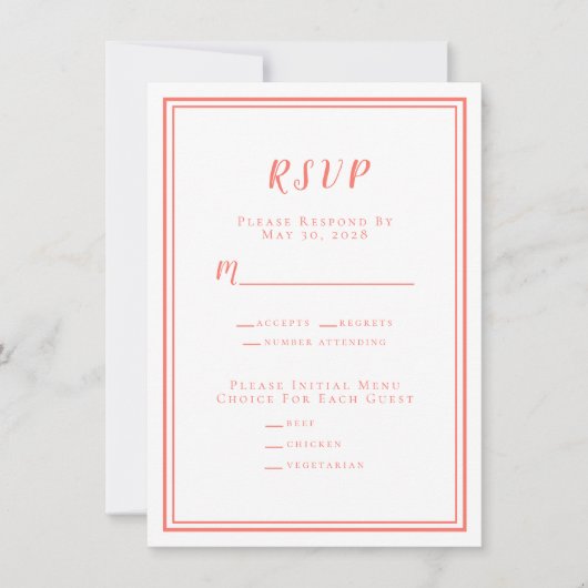 Minimalistisch huwelijk RSVP Menu Coral White (Voorkant)