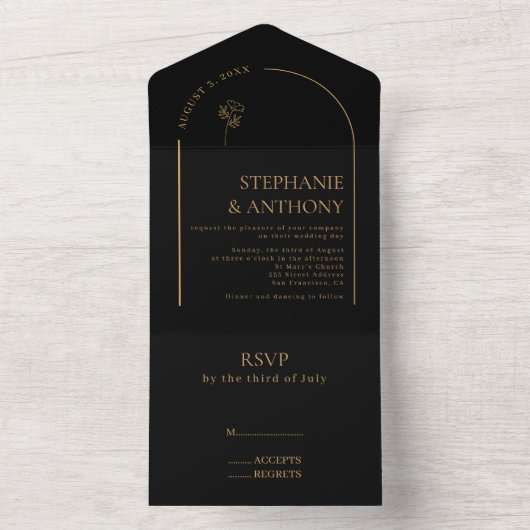 Minimalistisch huwelijk tussen zwarte en gouden pl all in one uitnodiging (Binnen)