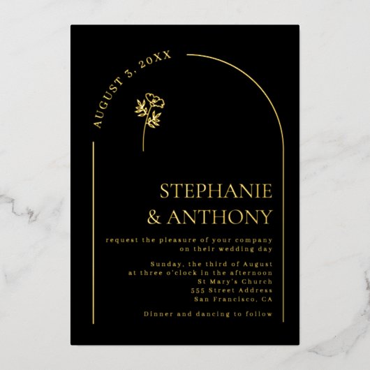 Minimalistisch huwelijk tussen zwarte en gouden pl folie uitnodiging (Voorkant)