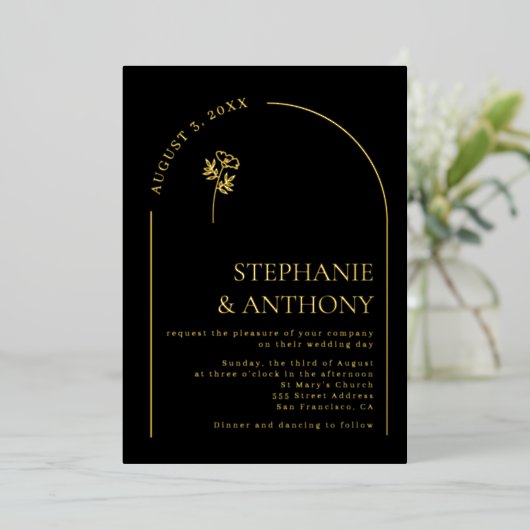 Minimalistisch huwelijk tussen zwarte en gouden pl folie uitnodiging (Staand Voorkant)