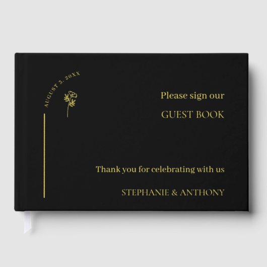 Minimalistisch huwelijk tussen zwarte en gouden pl gastenboek (Voorkant)