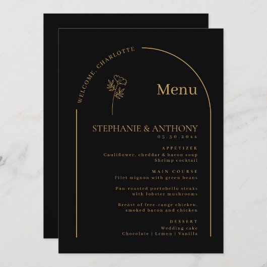Minimalistisch huwelijk tussen zwarte en gouden pl menu (Voorkant / Achterkant)