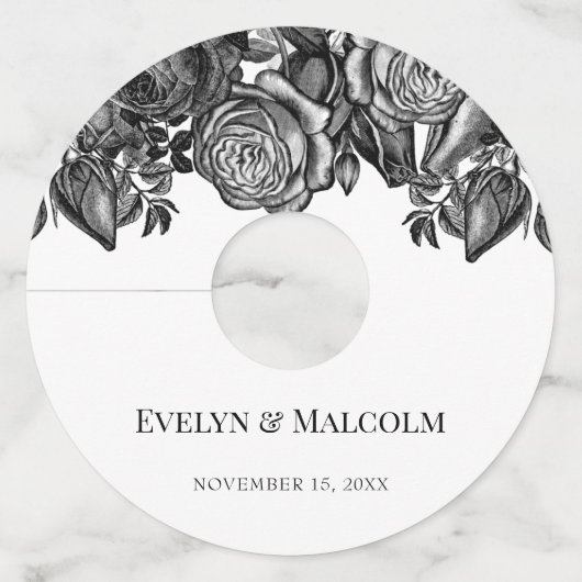 Minimalistisch huwelijk tussen zwarte en witte roz wijnglaslabel (Voorkant)