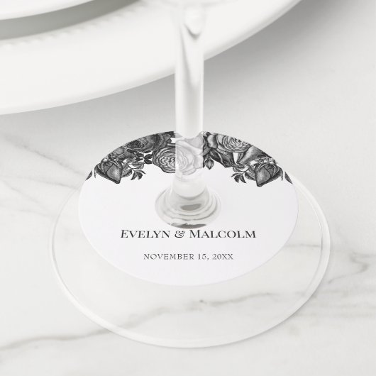 Minimalistisch huwelijk tussen zwarte en witte roz wijnglaslabel (Dichtbij)