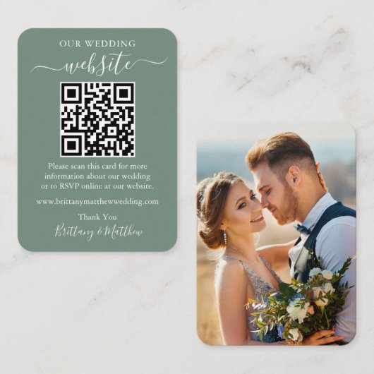 Minimalistisch huwelijk Website Foto QR Sage Green Informatiekaartje (Voorkant / Achterkant)