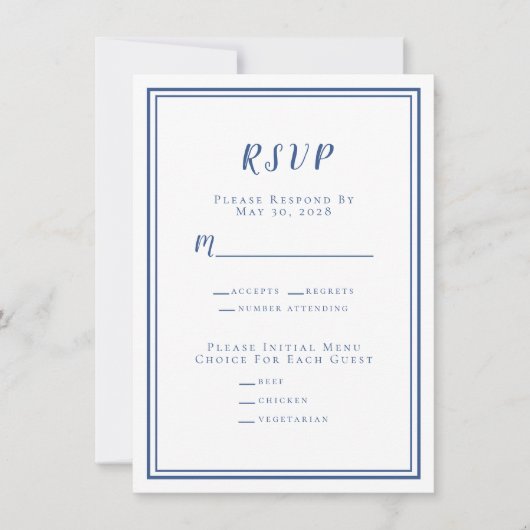 Minimalistisch Huwelijks RSVP Menu Blauw & Wit (Voorkant)