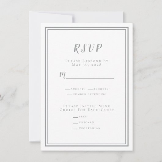 Minimalistisch Huwelijks RSVP Menu Grijs & Wit (Voorkant)