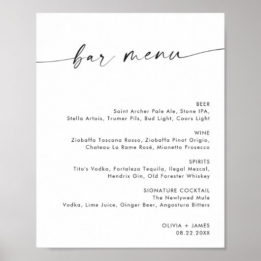 Minimalistisch huwelijksbarmenu, Huwelijksbar bord Poster (Voorkant)