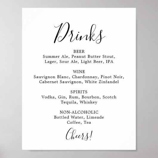 Minimalistisch Huwelijksdranken Menu Bord Poster (Voorkant)