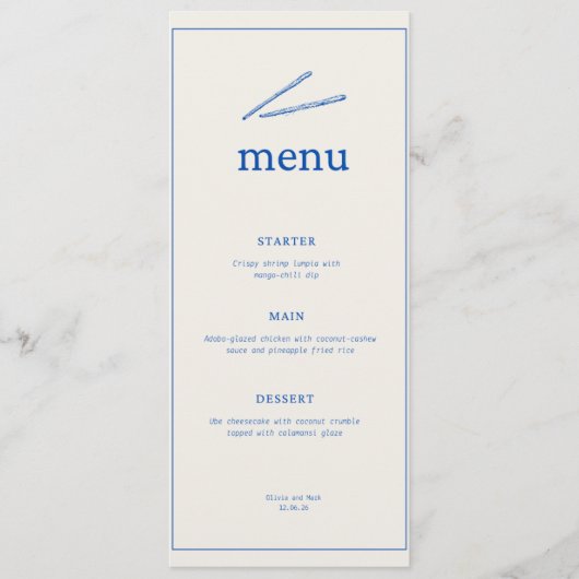 Minimalistisch Huwelijksmenu – Elegante Blauwe Typ Menu (Voorkant)